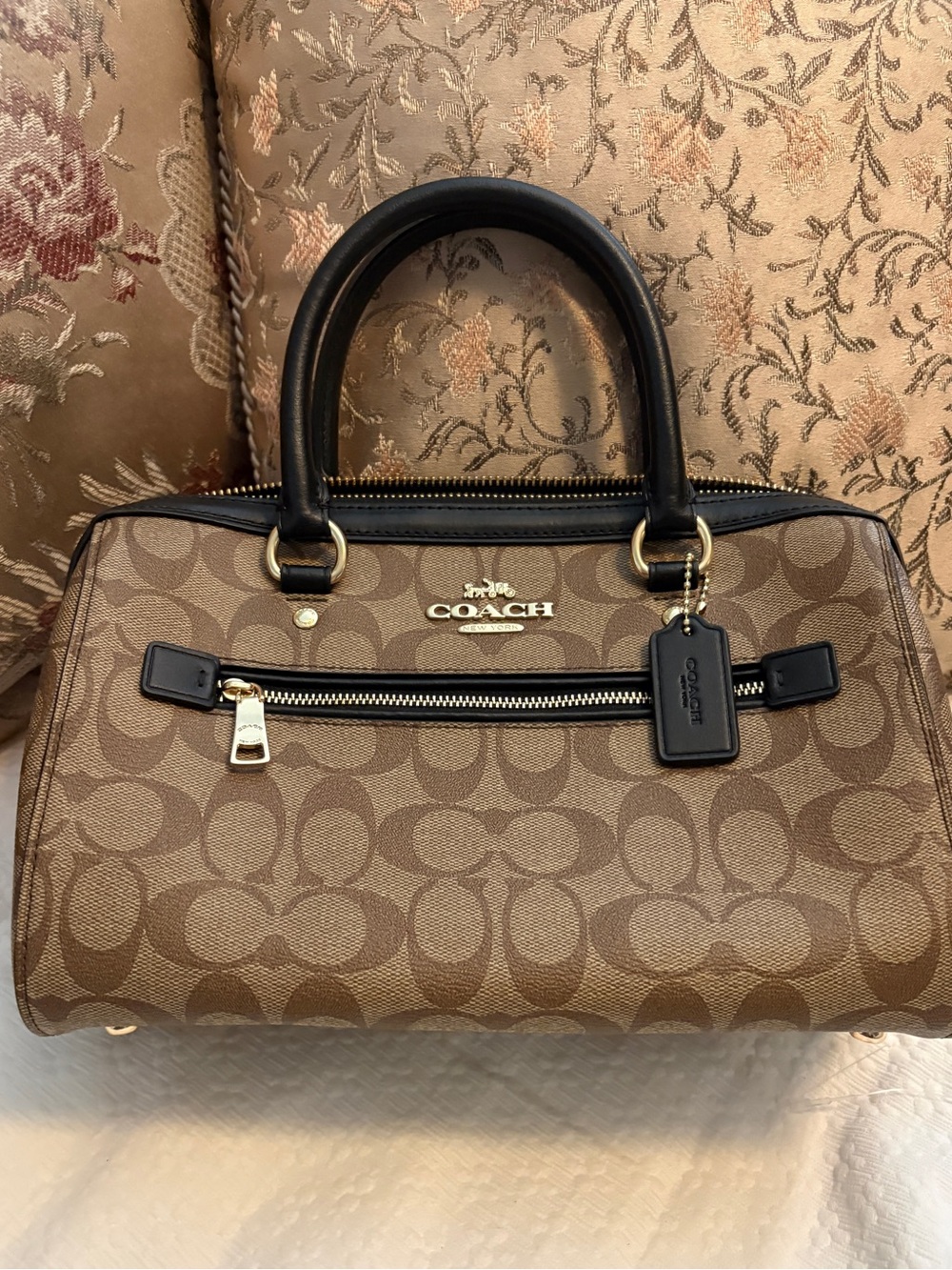 Coach Signature Khaki/Black Satchel with Black Trim and Gold Hardware